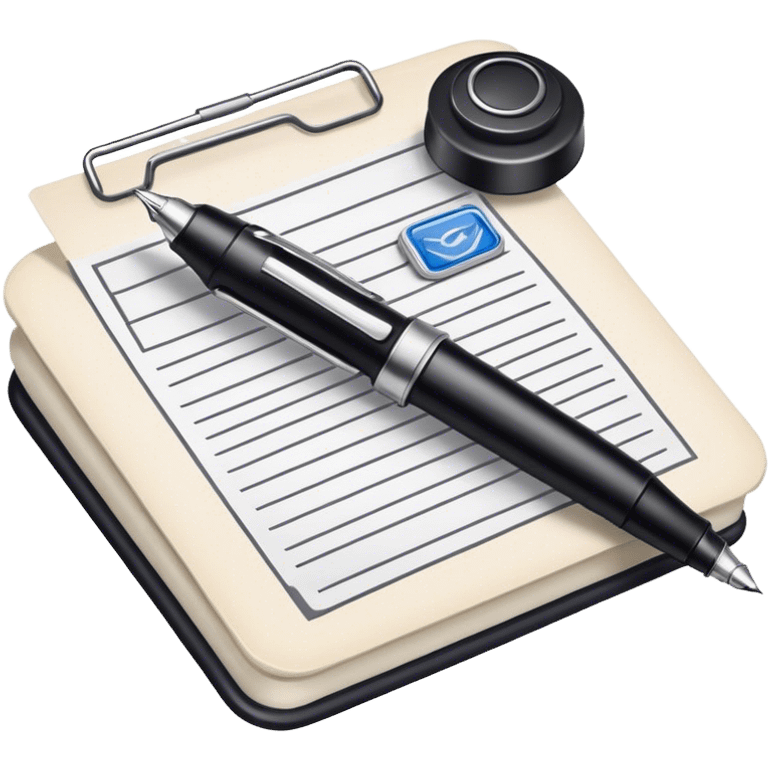 Create an emoji representing journalism and publicistic writing. The design should feature an open newspaper or a stack of articles with visible text columns, symbolizing opinion pieces and analysis. A classic fountain pen or ballpoint pen should be placed near the papers, indicating the act of writing. Optionally, include a small microphone or a press badge to emphasize investigative and journalistic aspects. Use neutral and professional colors like black, white, and muted blue or red. Do not include any emojis or smiley faces. Make the background transparent. emoji