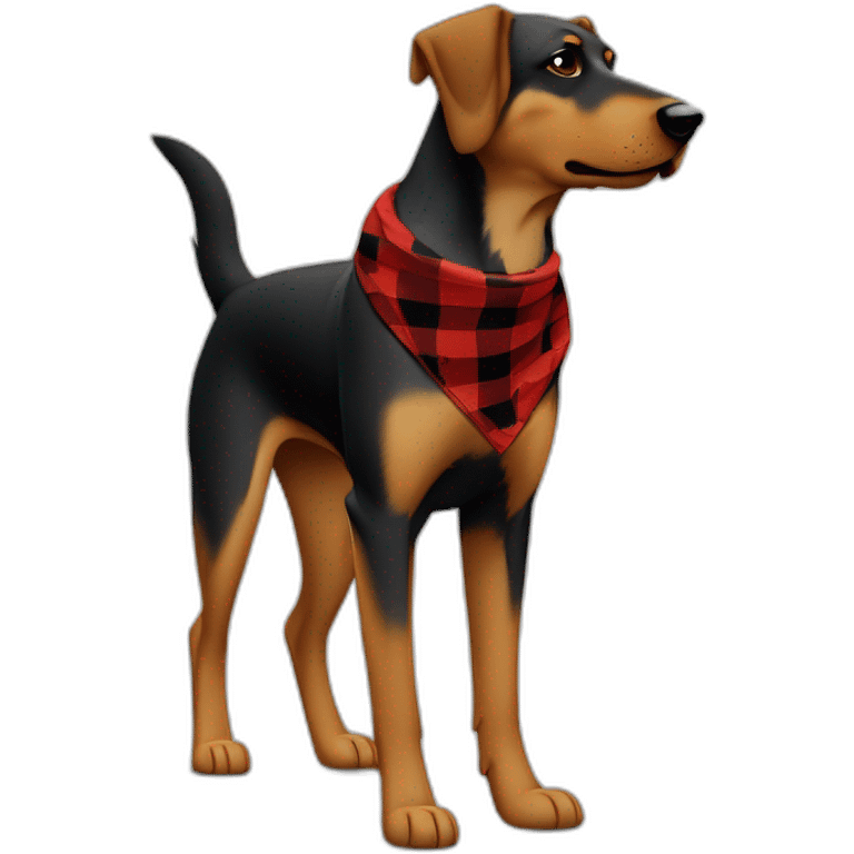 75% Coonhound 25% German Shepherd mix dog wearing small pointed red buffalo plaid bandana side view full body facing left emoji