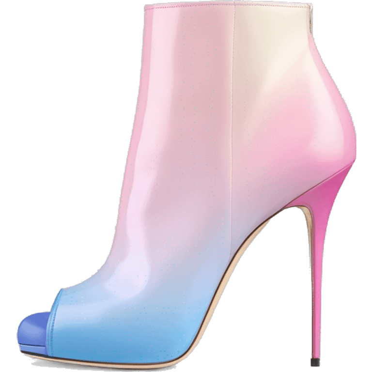 Realistic isolated top view of a pair of bubblegum pink,periwinkle off white,,pastel pink and pastel light blue ombre Jimmy Choo stiletto peep toe ankle boots. emoji