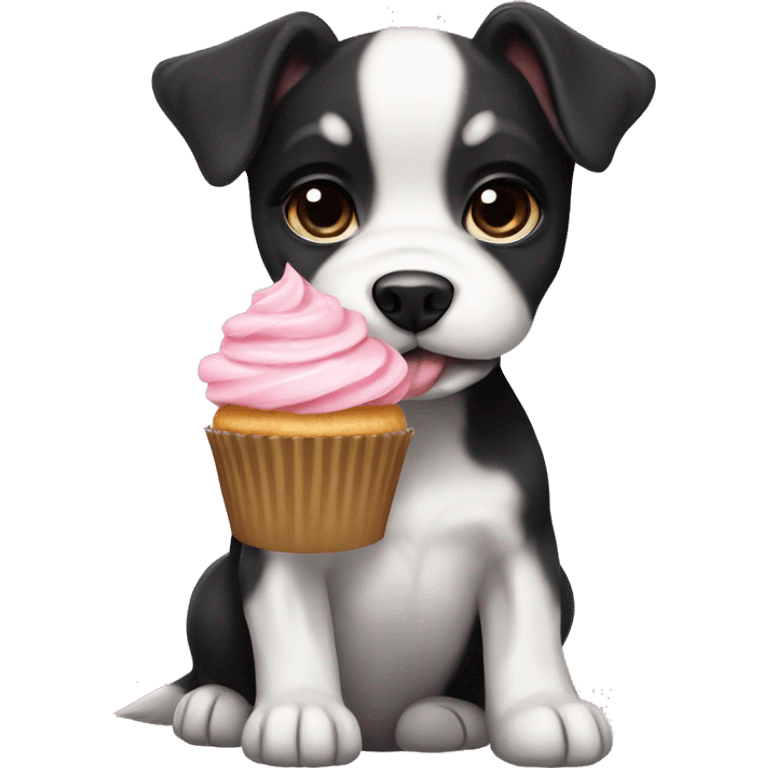 Cute big eyed Black and white teddy Roosevelt terrier puppy (no brown) eating a cupcake emoji