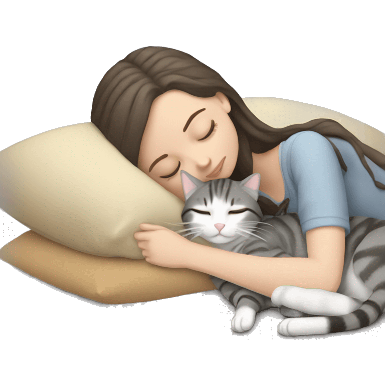 brunette pale girl sleeping with grey tabby cat  emoji