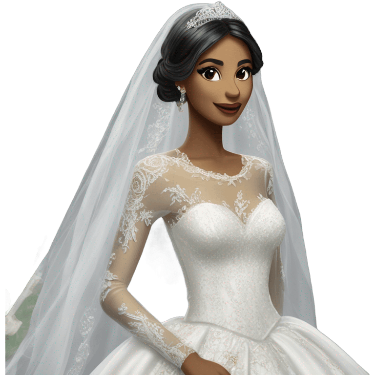 Hyper Realistic ornate ballgown long sleeve Wedding dress with diamanté on bride with green eyes and long black hair with veil emoji