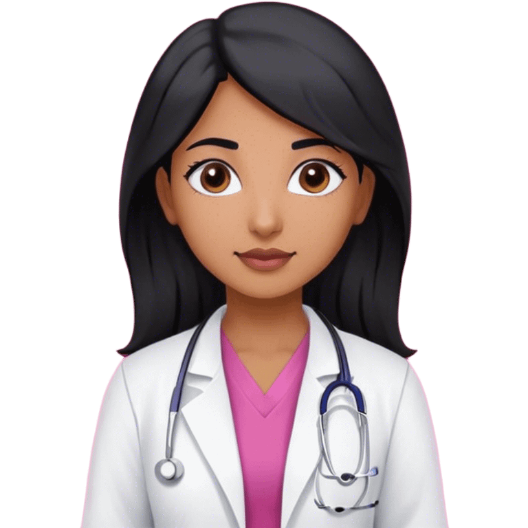 A indian female doctor with black hair wearing white lab coat over dark pink scrubs  emoji