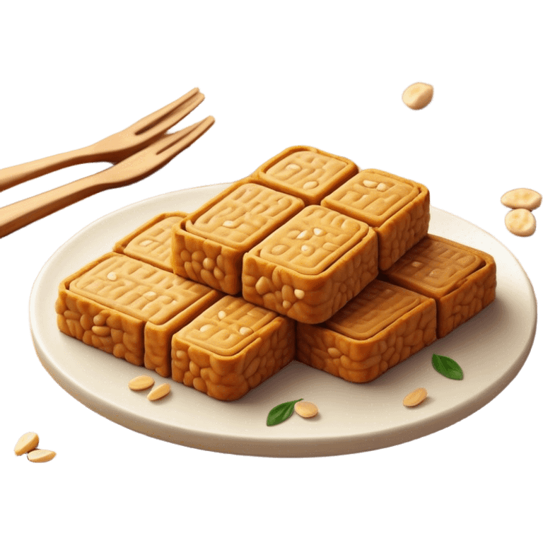 Tempeh Cinematic Realistic Tempeh Dish Emoji, depicted as crispy, sliced portions of fermented soy cake with a golden-brown finish, rendered with detailed textures and warm, inviting lighting. emoji