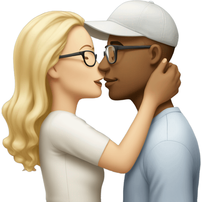 blonde woman with glasses and men with light skin and cap and no glasses kissing. both are white emoji