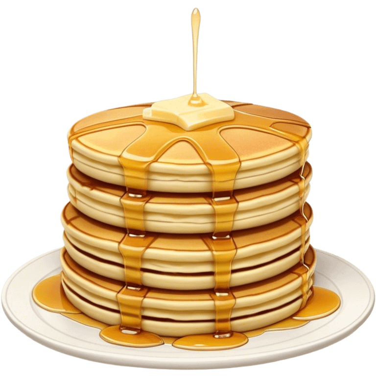 Cinematic fluffy golden pancakes, stacked high, drizzled with maple syrup, topped with fresh butter melting on top, light dusting of powdered sugar, warm and inviting, soft glow and mouthwatering. emoji