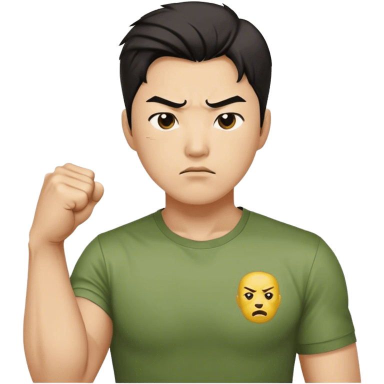 A determined Korean man in a greed shirt, clenching his fist with a confident expression. Emoji-style digital illustration emoji