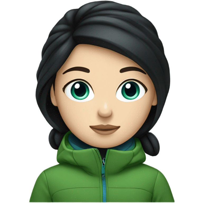 White girl, black hair, blue eyes, skiing, green jacket emoji