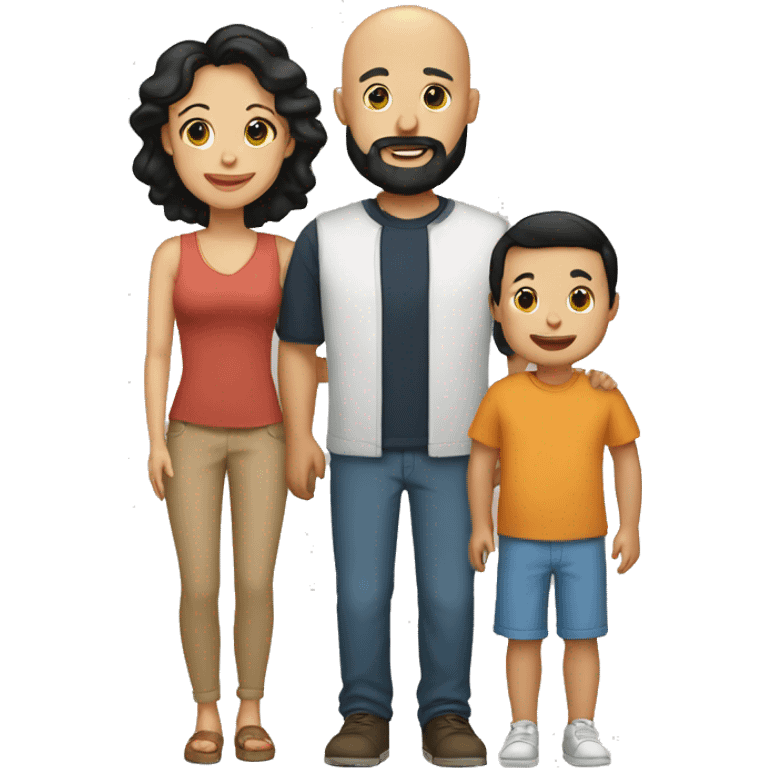 Family, bald tan dad with black beard, white mom with black hair, tan baby boy emoji