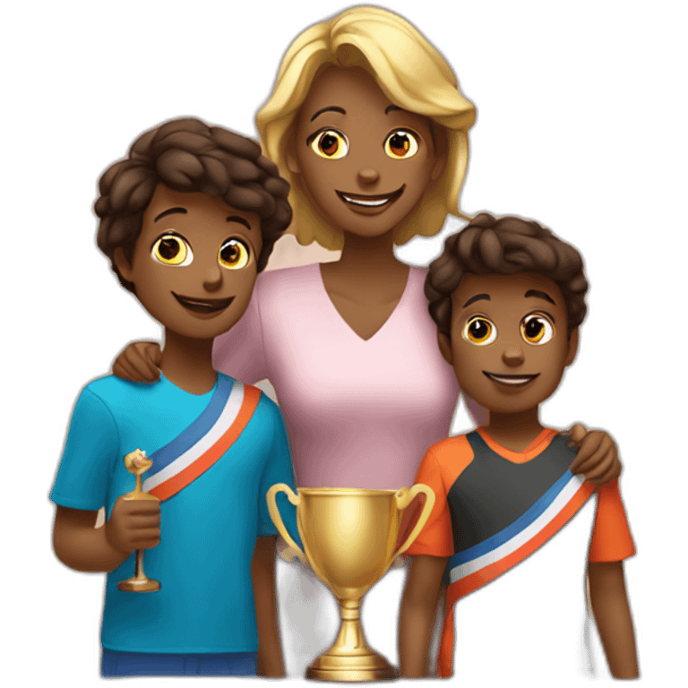 Mother with two sons on the third podium at the award ceremony emoji