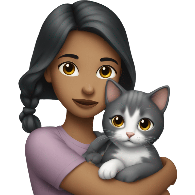 girl with dark hair hugs grey kitten emoji