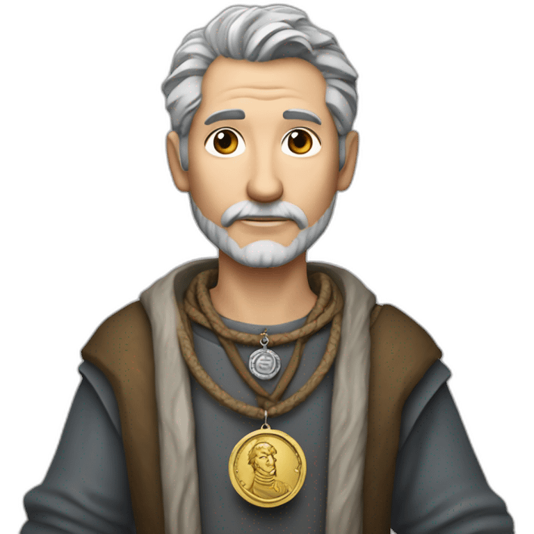 medieval coin engravers guild leader, 50 years old, grey hair, bust, has a necklace with a coin, has a coin in one hand emoji