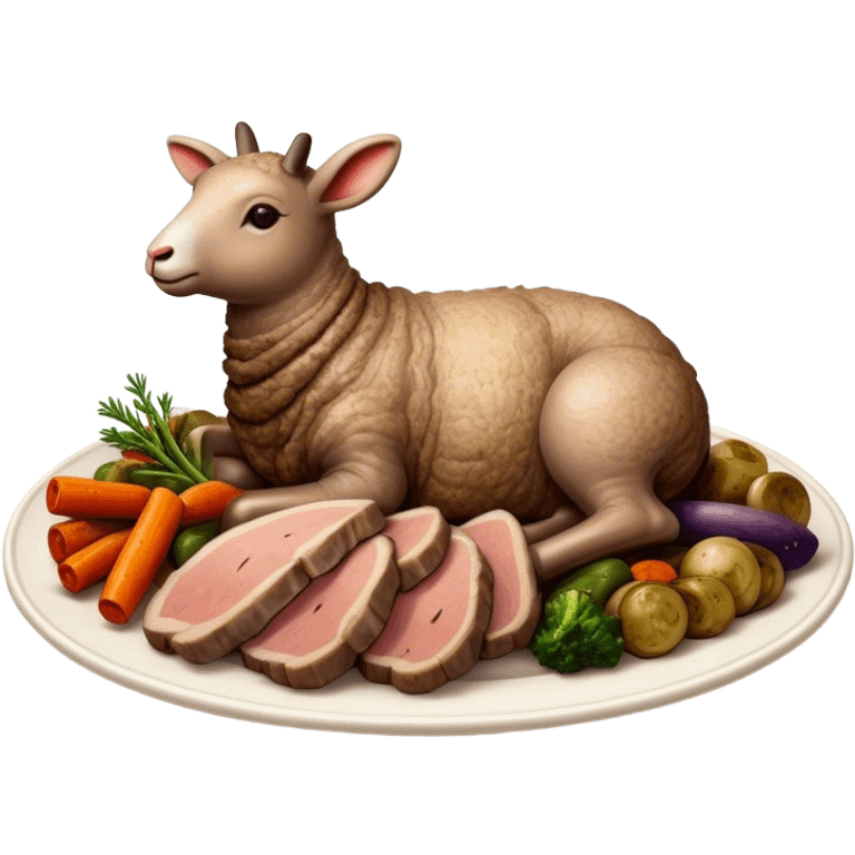 Roast Lamb Cinematic Realistic Roast Lamb Dish Emoji, depicted as thinly sliced roast lamb arranged artfully on a plate, rendered with rich textures and warm, inviting lighting. emoji