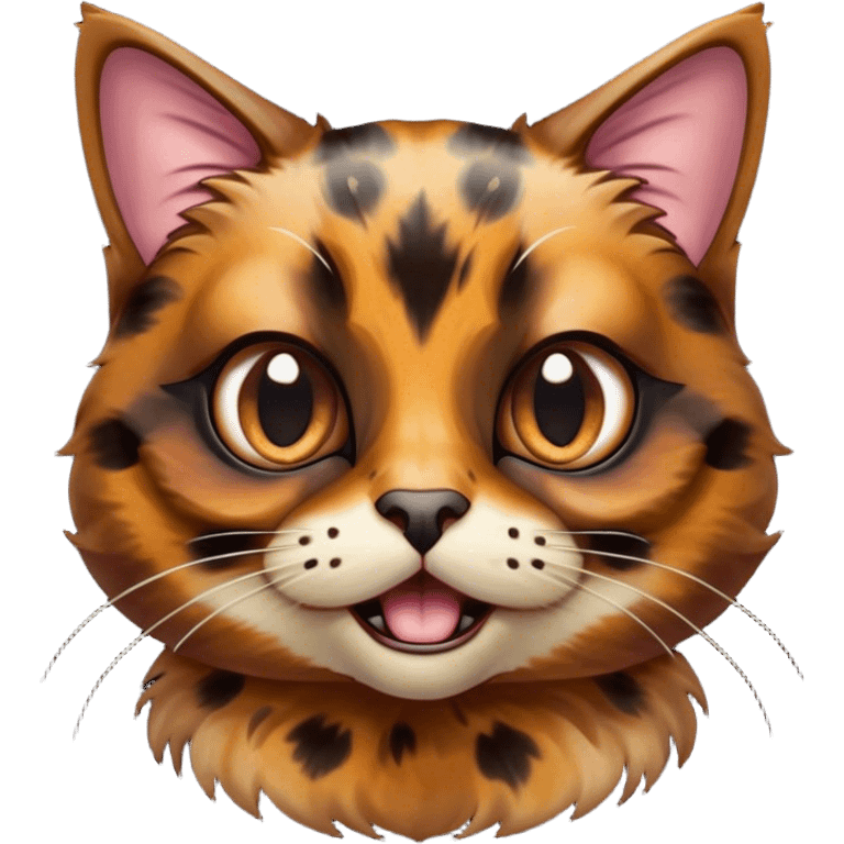 Cinematic Comical Tortoiseshell Cat Portrait Emoji, Head cocked dramatically with an over-the-top shocked expression, featuring a rich mottled fur of browns and blacks and wide, comically animated eyes full of playful disbelief, simplified yet hilariously detailed, glowing with a bold, sassy radiance, high shine, exuding a mischievous and spirited charm, styled with a soft glowing outline, capturing the essence of a tortoiseshell cat that appears ready to burst into comical antics! emoji