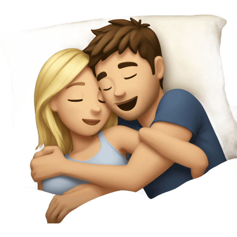 Blonde girl and brunette guy cuddling in bed emoji