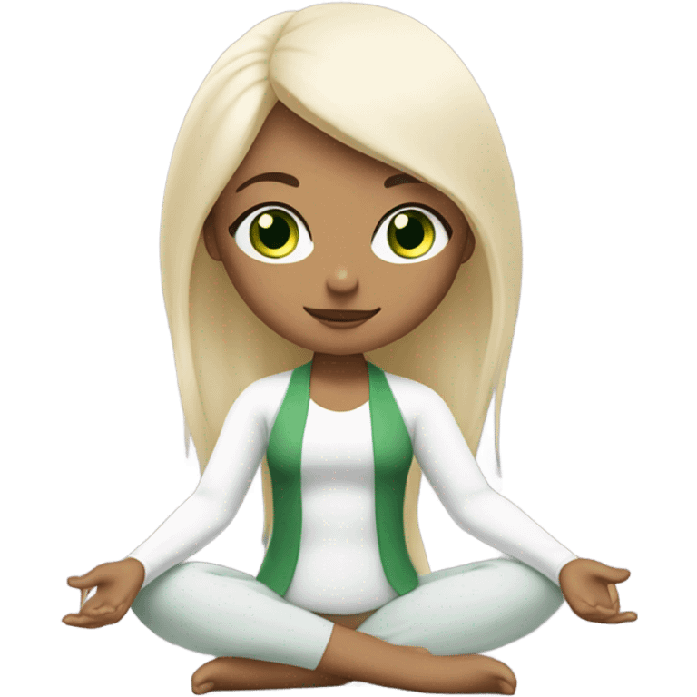 a very beautiful girl with a proportioned face smaller than her body and a long white blonde and green eyes is sitting in a yoga pose emoji