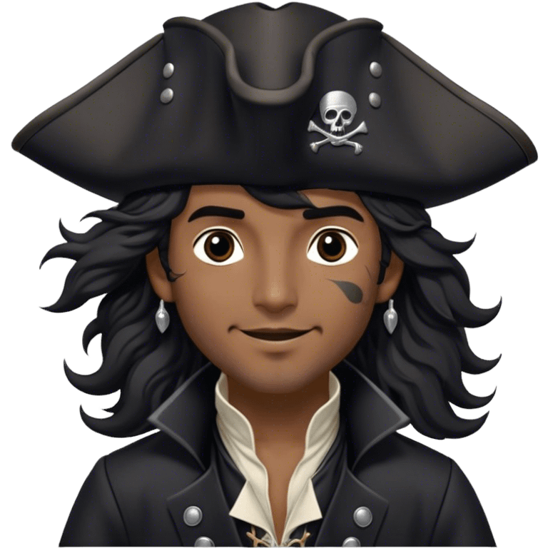 A charismatic pirate with wavy black hair tousled by the breeze. His silver-embroidered tricorn hat casts a shadow. Dark eyes glint with mischief as he looks to the side, a knowing smile on his lips. His black coat, adorned with silver buttons, shifts with the wind emoji