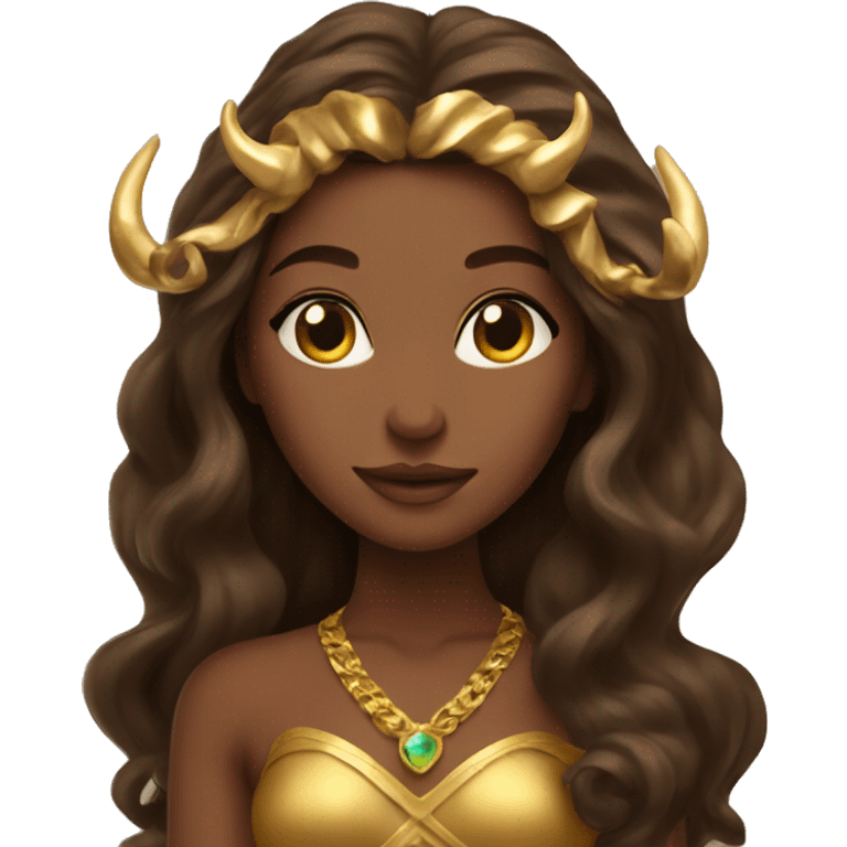 Brunette goddess with Long brown hair and gold horns  emoji