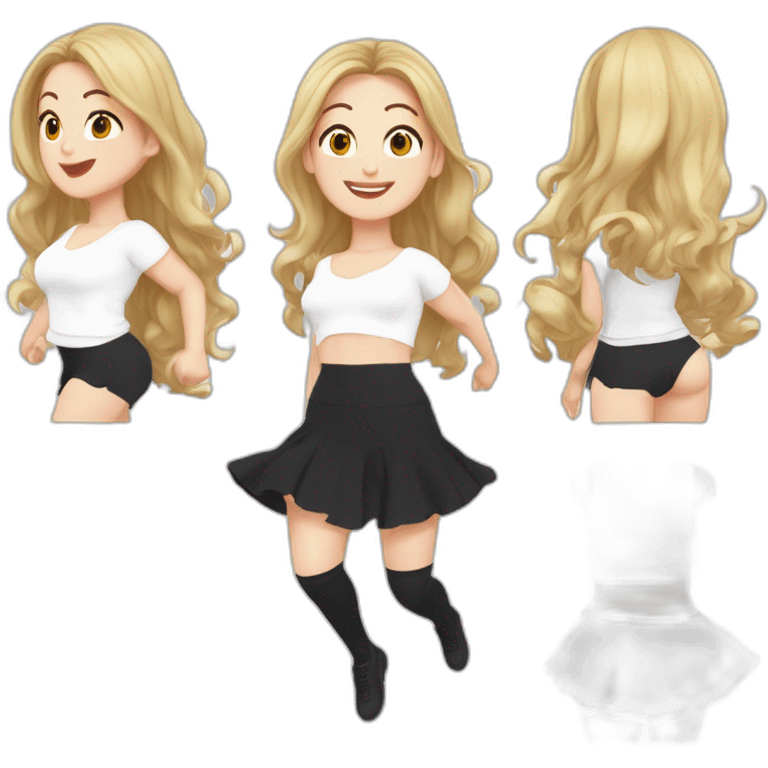 full-body-caucasian-curvy-beauty-jumping-short-black-skirt-back-and-front-views-strong-wind-white-knickers-long-white-socks emoji