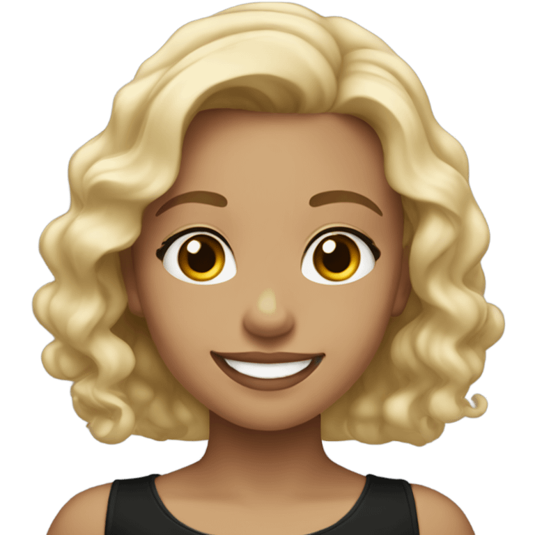 Light skin loose wavy Blonde haired young girl smiling in black blouse emoji