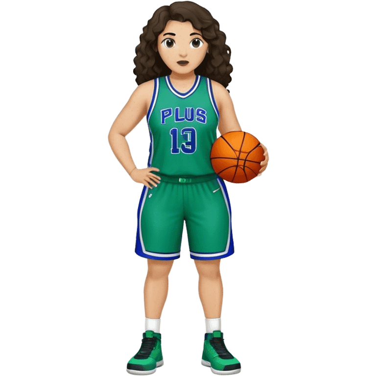 full body plus size light skin latino women basketball player with wavy dark hair large wide nose wearing blue with green uniform emoji