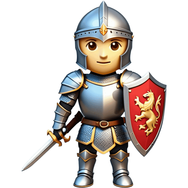 Clash of Clans aesthetic: Cinematic Playful Armored Knight Hero Emoji, rendered in a 3D vector-style similar to standard emojis with minimal shading and bold, simplified shapes. A compact, isometric warrior clad in gleaming plate armor with intricate heraldic details, softly glowing with a chivalrous medieval charm. Simplified yet unmistakably iconic, highly detailed and consistent, glowing with a soft radiant shine and high polish. Stylized with a touch of noble valor and a soft glowing outline, capturing the essence of a gallant knight ready for honorable battle with a friendly, playful manner! emoji