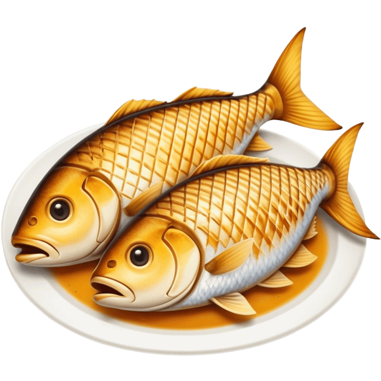 Gradele Cinematic Realistic Gradele Dish Emoji, depicted as 2 perfectly grilled fish with prominent grill marks and a smoky finish, rendered with vivid textures and dynamic, natural lighting. emoji