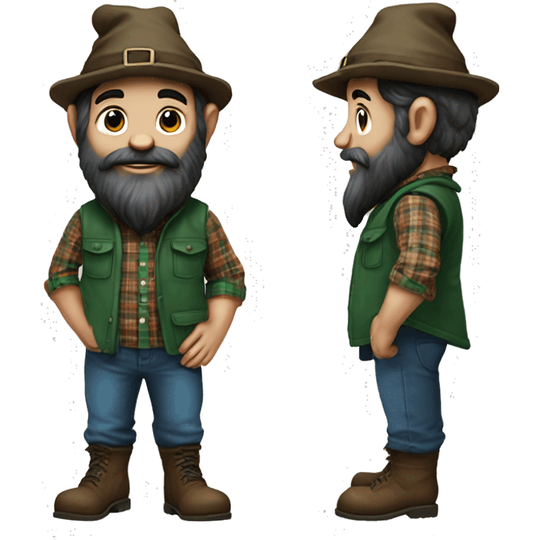 gnome with almost black beard, dark brown eyes, young, with a blue wool hat, brown boots and a green plaid shirt. The body should be cartoonish and not realistic. emoji