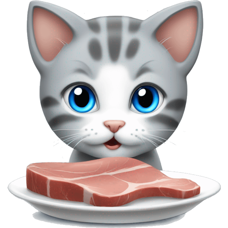 blue eyes grey kitten eat plate meat emoji