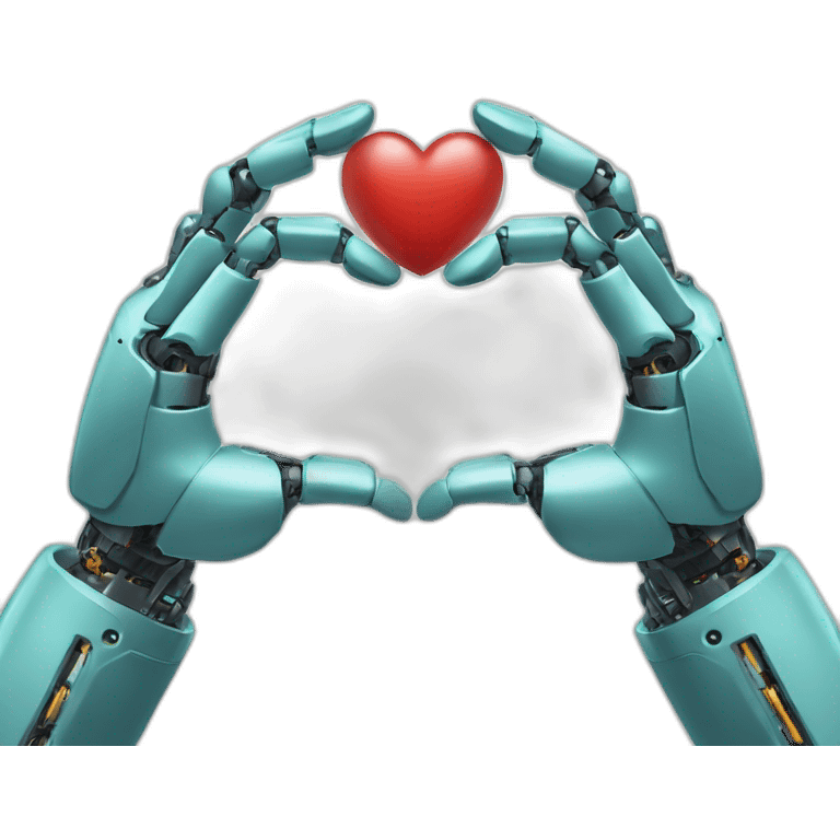 robot and human hands connect to make a heart in the negative space emoji