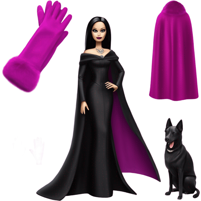 Fucshia ‘n Fur Barbie, Morticia Addams, cape,veil,funeralwear,showing off, show full body,accessories coat gloves  emoji