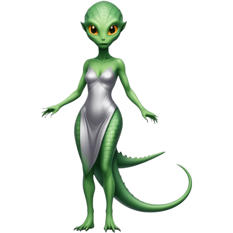 Green Alien reptilian woman without a tail, in silver dress, full figure, yellow eyes emoji