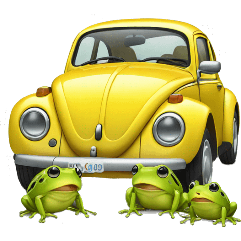 yellow volkswagen new beetle with 2 frogs (woman, boy - children) emoji