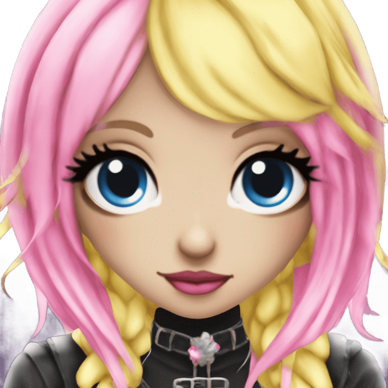 Blue eyed long eye lashes blonde and pink hair pale hime gyaru girl, hot pink and yellow split-dyed hair, nose ring, elf ears, dark makeup, punk clothes emoji