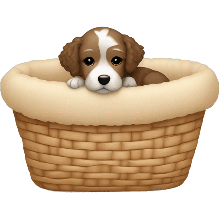 Little cute havapoo is sleeping in a beige dog basket emoji