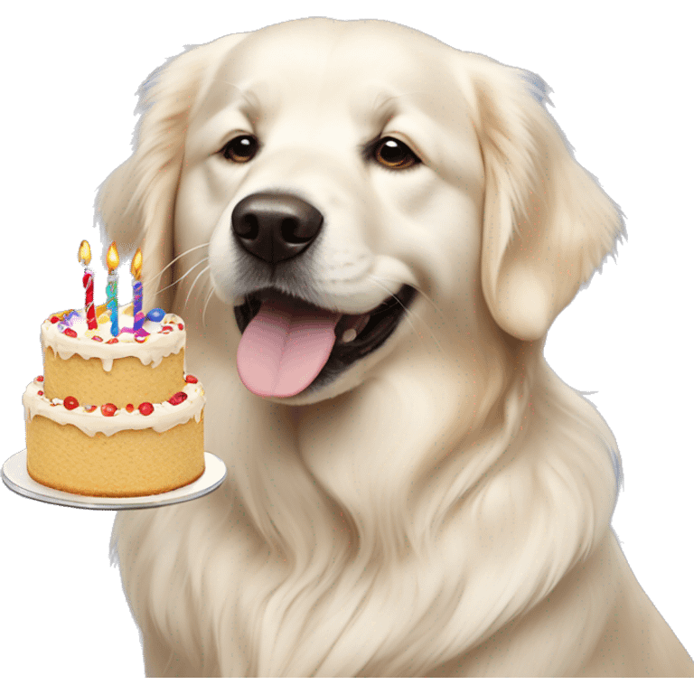 white golden retriever with birthday cake emoji