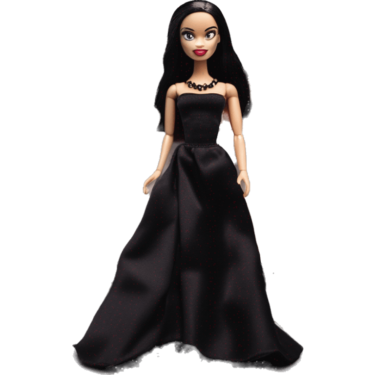 Wednesday Addams Barbie’s Food Truck.  Small very light skin face. Black eyeshadow. Earrings matching necklaces. Long silky raven hair. black flowing strapless tight evening gown neckline that’s off-the-shoulders shows her legs and black high heel arms up emoji