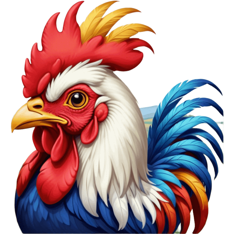 Cinematic Realistic depiction of a proud French rooster, rendered with detailed, textured feathers and a vivid, colorful comb, set against a rustic French countryside backdrop with soft, warm lighting emoji