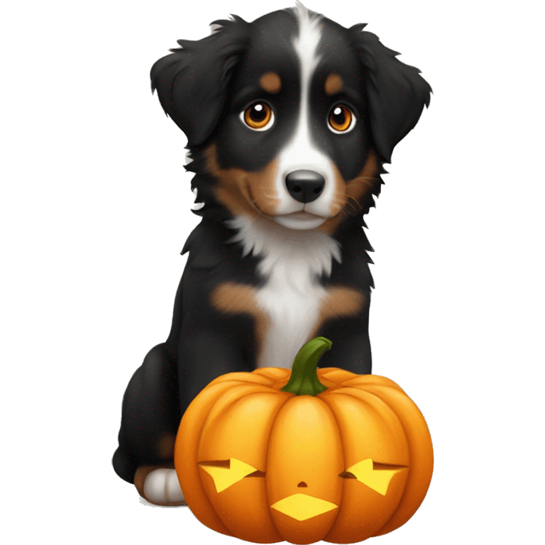 black australian shepherd puppy in a pumpkin emoji