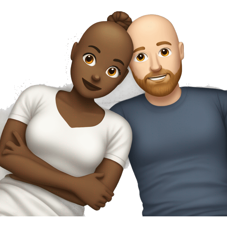 Bald brown woman and bearded white man with a top knot laying in bed together  emoji