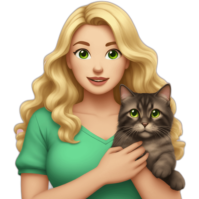 woman with green eyes and long wavy blonde hair and big boobs in a pink shirt is holding a very fluffy and fat black and tortoiseshell cat emoji