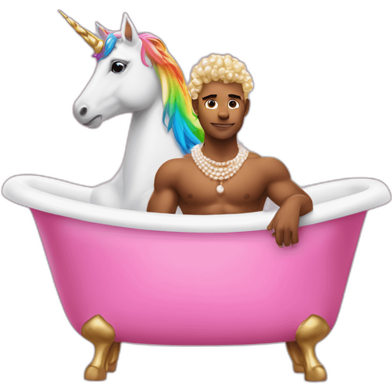 Posh-muscle-boy-with-pearl-necklace-and-rainbow-unicorn-hair-in-golden-bathtub emoji