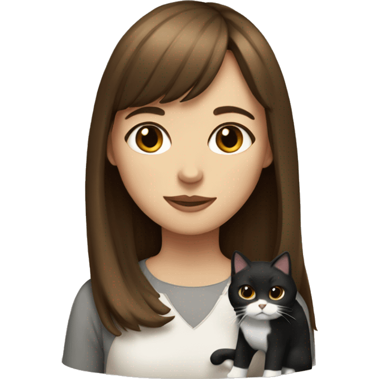 A brown haired girl with bangs with a black and white cat  emoji