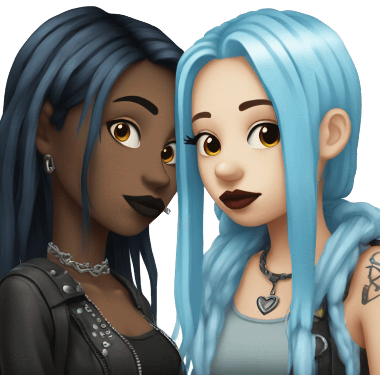 Two girls kissing goth style one with blue hair and a septum ring and the other with blonde and black hair emoji