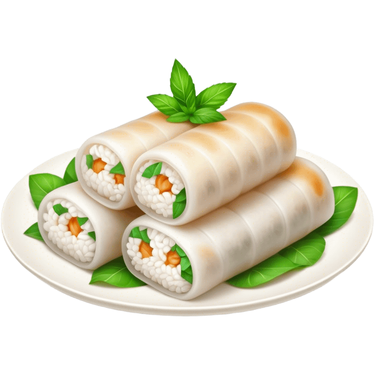 Bánh Cuốn Cinematic Realistic Bánh Cuốn Dish Emoji, depicted as delicate steamed rice rolls garnished with chopped mint on top, rendered with lifelike textures and fresh, vibrant lighting. emoji