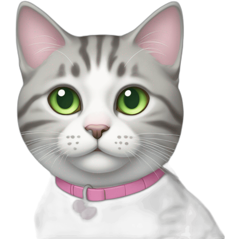 White and grey tabby cat with green eyes and pink nose, sitting on blue cpuch emoji