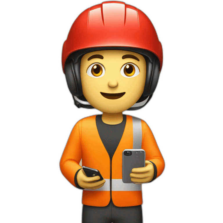 young guy with red bicycle helmet wearing a high visibility suit holding up a smart phone emoji