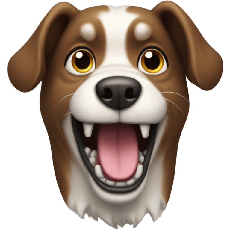 A dog with wild scary looking tooth but a smile  emoji