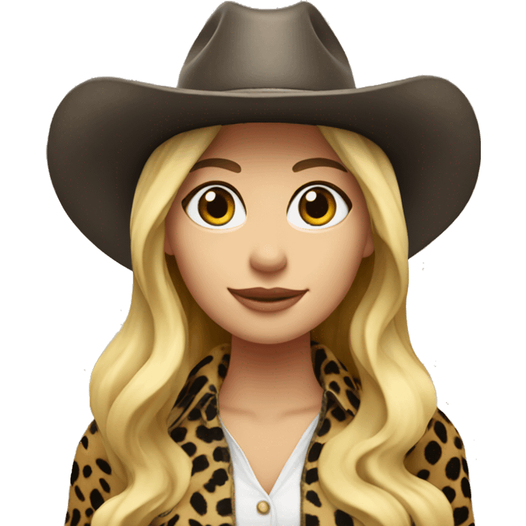 Cowgirl in leopard boots with black hat and blonde long hair emoji