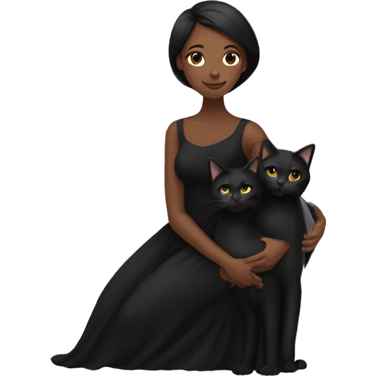 a girl with long black woman in a long black dress hugging two black cats emoji